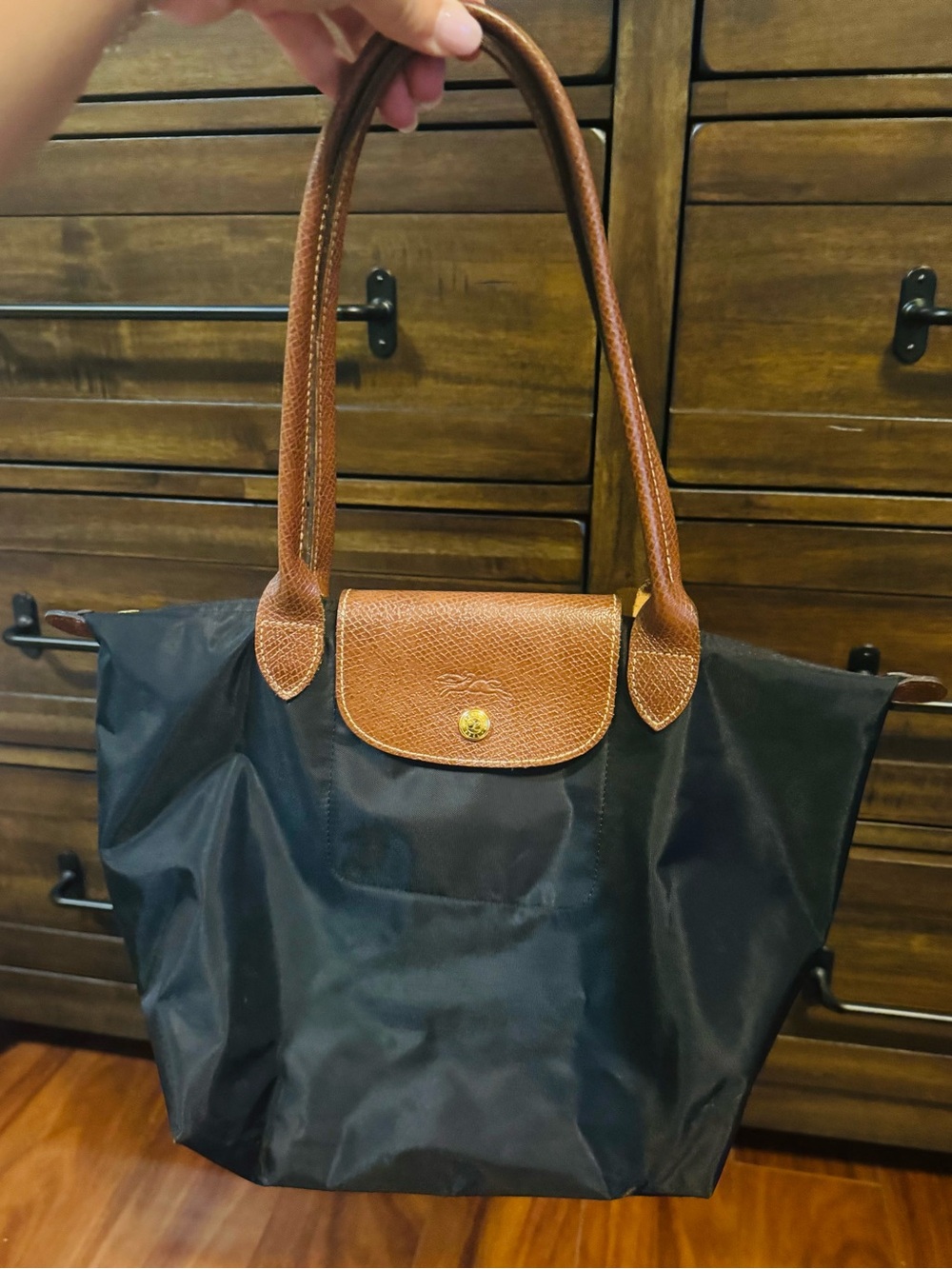 Longchamp Black Nylon Shoulder Bag with Brown Leather Trim